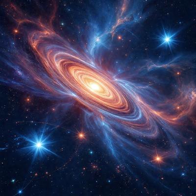 Primary subject: A brightly colored, swirling, and glowing nebula.

Setting/background: The nebula is set against a dark, starry background.

Visual style: The image is a digital art or illustration of the nebula.

Colors and mood: The nebula is predominantly blue, with orange and yellow accents, creating a vibrant and lively atmosphere.